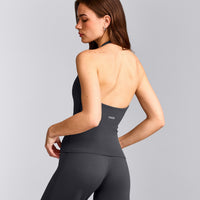 SoftMotion™ Halter Neck Tank Top with Built in Bra Shelf with Gray Logo | Coal