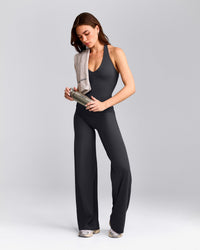 SoftMotion™ Halter Neck Tank Top with Built in Bra Shelf with Gray Logo | Coal