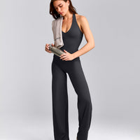 SoftMotion™ Halter Neck Tank Top with Built in Bra Shelf with Gray Logo | Coal