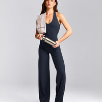 SoftMotion™ Halter Neck Tank Top with Built in Bra Shelf with Gray Logo | True Blue