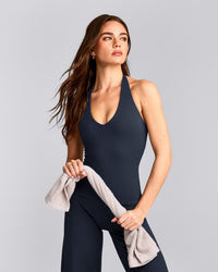 SoftMotion™ Halter Neck Tank Top with Built in Bra Shelf with Gray Logo | True Blue