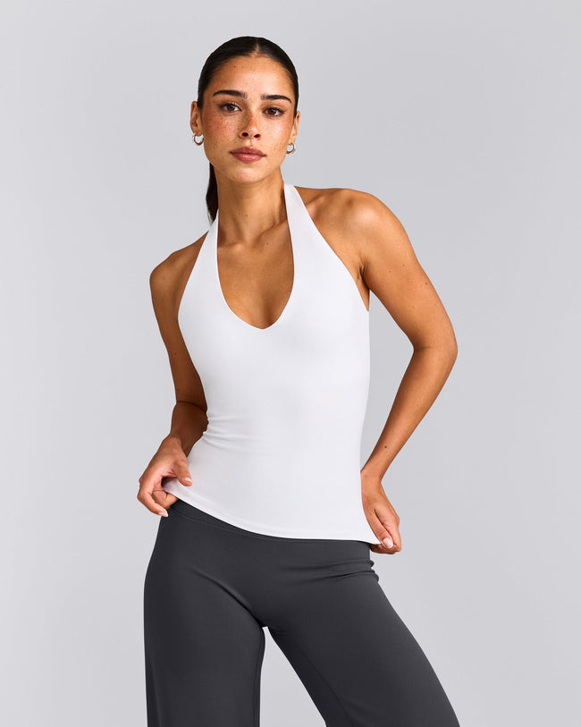 SoftMotion™ Halter Neck Tank Top with Built in Bra Shelf with Gray Logo | White