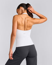 SoftMotion™ Halter Neck Tank Top with Built in Bra Shelf with Gray Logo | White