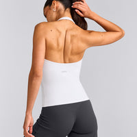 SoftMotion™ Halter Neck Tank Top with Built in Bra Shelf with Gray Logo | White