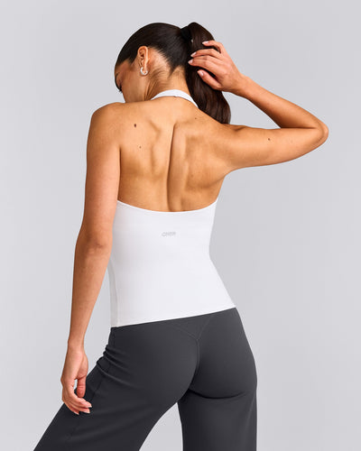 SoftMotion™ Halter Neck Tank Top with Built in Bra Shelf with Gray Logo | White