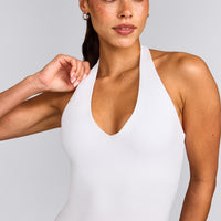 SoftMotion™ Halter Neck Tank Top with Built in Bra Shelf with Gray Logo | White