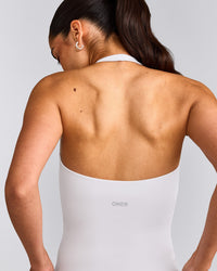 SoftMotion™ Halter Neck Tank Top with Built in Bra Shelf with Gray Logo | White