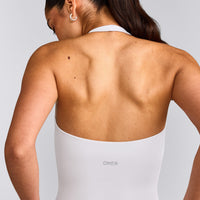 SoftMotion™ Halter Neck Tank Top with Built in Bra Shelf with Gray Logo | White