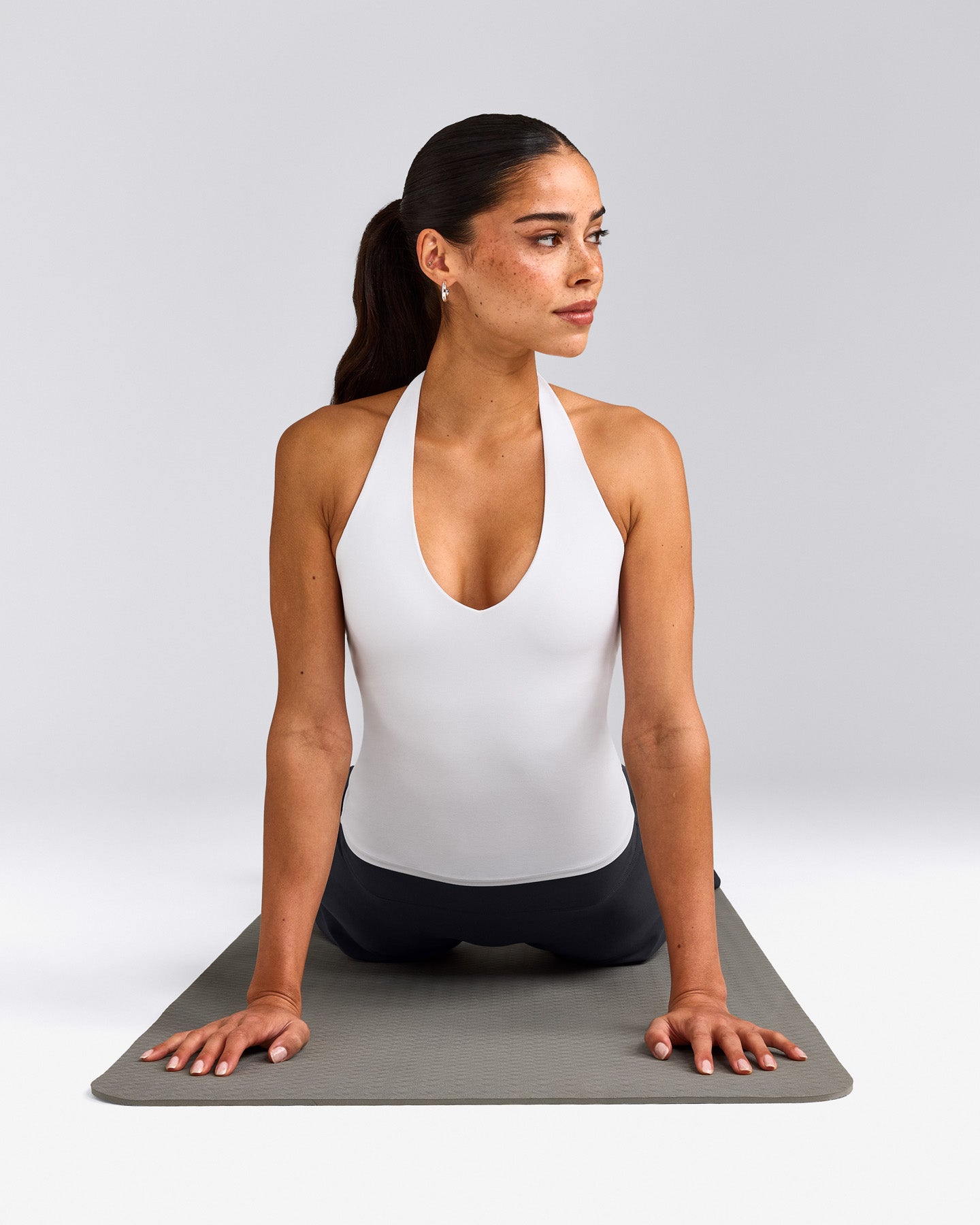 SoftMotion™ Halter Neck Tank Top with Built in Bra Shelf with Gray Logo | White