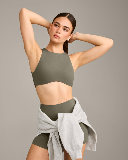 SoftMotion™ High Neck Sports Bra with Gray Logo | Alpine Green