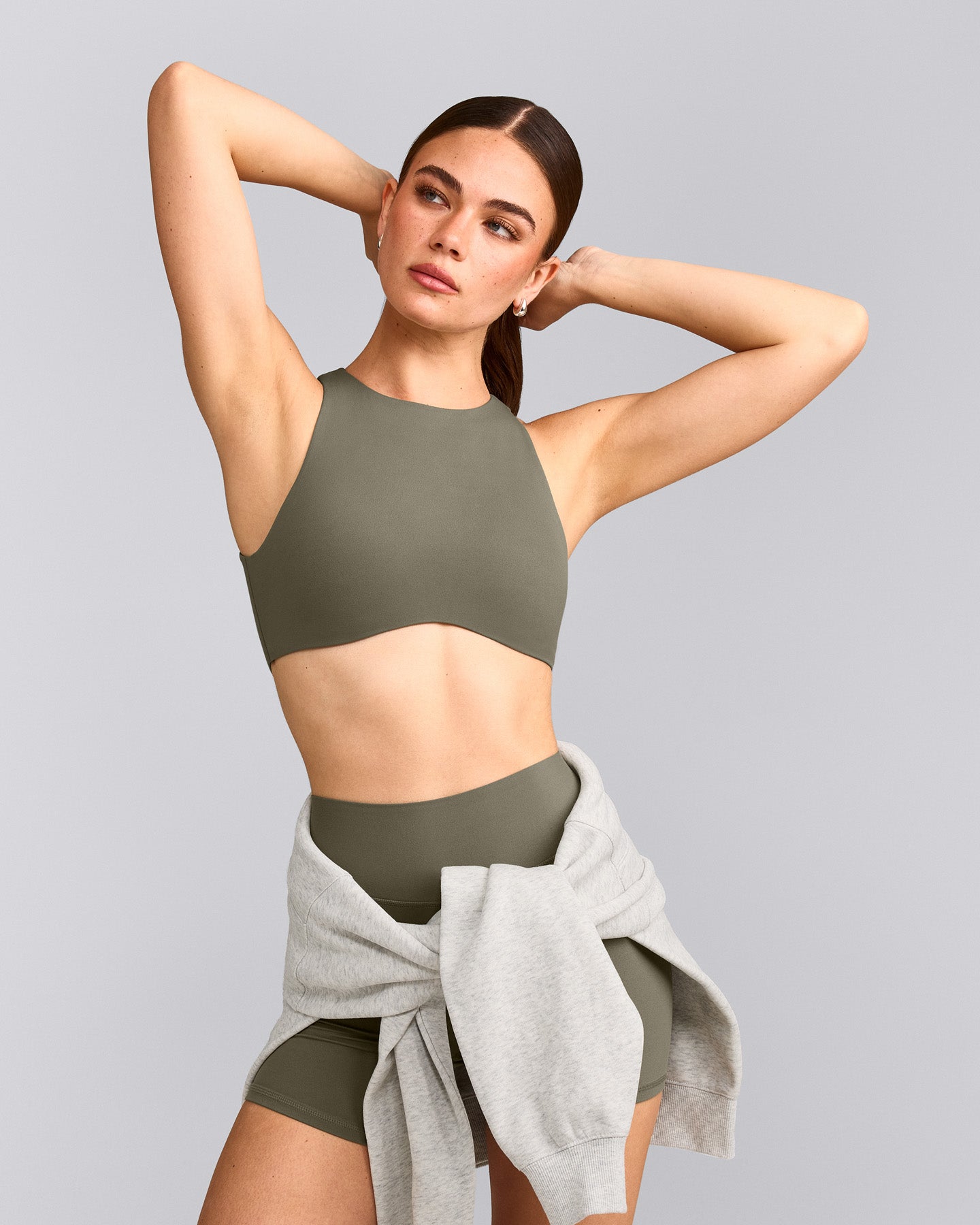 SoftMotion™ High Neck Sports Bra with Gray Logo | Alpine Green