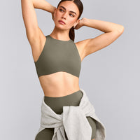 SoftMotion™ High Neck Sports Bra with Gray Logo | Alpine Green