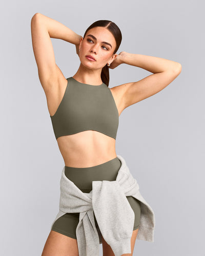 SoftMotion™ High Neck Sports Bra with Gray Logo | Alpine Green