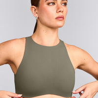 SoftMotion™ High Neck Sports Bra with Gray Logo | Alpine Green