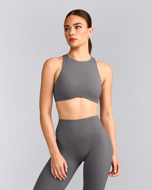 SoftMotion™ High Neck Sports Bra with Gray Logo | Ash Gray