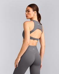 SoftMotion™ High Neck Sports Bra with Gray Logo | Ash Gray