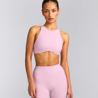 SoftMotion™ High Neck Sports Bra with Gray Logo | Chalk Pink