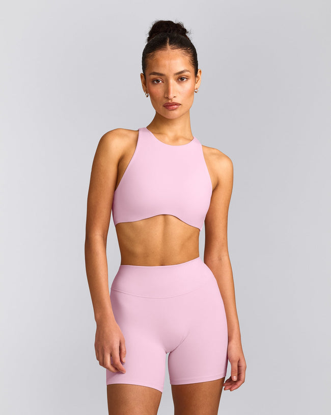 SoftMotion™ High Neck Sports Bra with Gray Logo | Chalk Pink