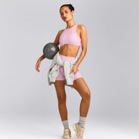 SoftMotion™ High Neck Sports Bra with Gray Logo | Chalk Pink