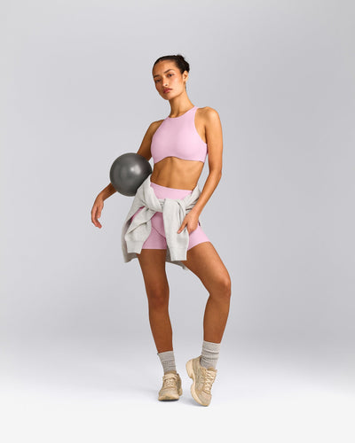 SoftMotion™ High Neck Sports Bra with Gray Logo | Chalk Pink