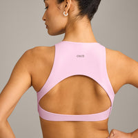 SoftMotion™ High Neck Sports Bra with Gray Logo | Chalk Pink