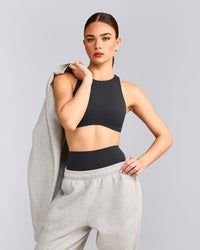SoftMotion™ High Neck Sports Bra with Gray Logo | Coal