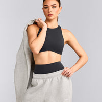 SoftMotion™ High Neck Sports Bra with Gray Logo | Coal