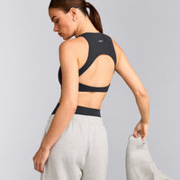 SoftMotion™ High Neck Sports Bra with Gray Logo | Coal