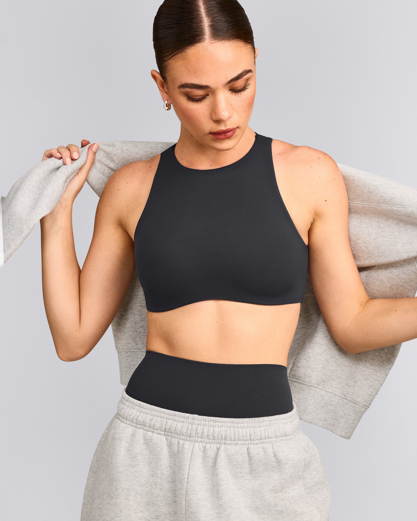 SoftMotion™ High Neck Sports Bra with Gray Logo | Coal