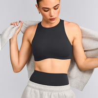 SoftMotion™ High Neck Sports Bra with Gray Logo | Coal