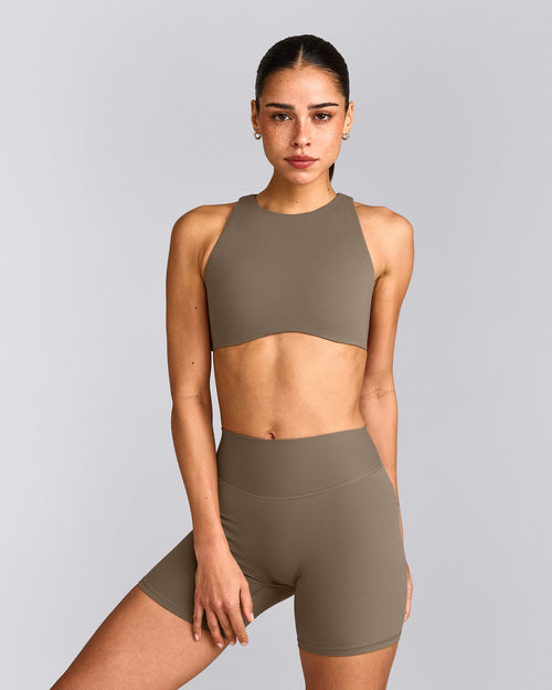 SoftMotion™ High Neck Sports Bra with Gray Logo | Moss Brown