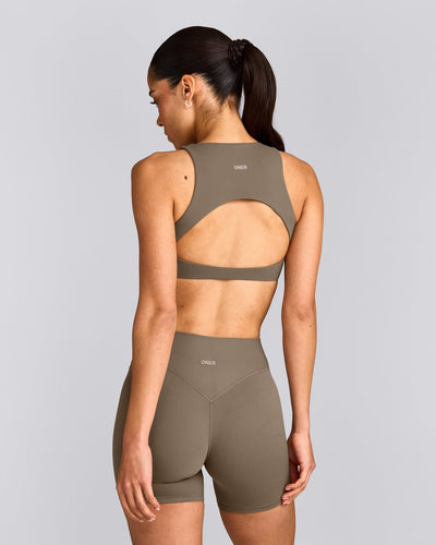 SoftMotion™ High Neck Sports Bra with Gray Logo | Moss Brown