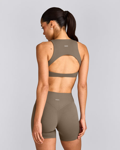 SoftMotion™ High Neck Sports Bra with Gray Logo | Moss Brown