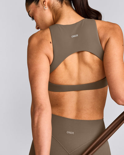 SoftMotion™ High Neck Sports Bra with Gray Logo | Moss Brown