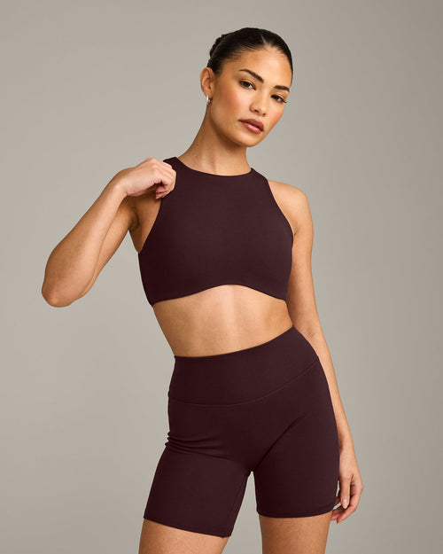 SoftMotion™ High Neck Sports Bra with Gray Logo | Plum Brown