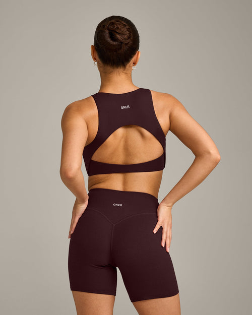 SoftMotion™ High Neck Sports Bra with Gray Logo | Plum Brown