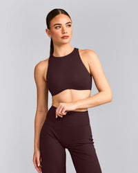 SoftMotion™ High Neck Sports Bra with Gray Logo | Plum Brown