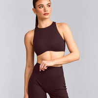 SoftMotion™ High Neck Sports Bra with Gray Logo | Plum Brown