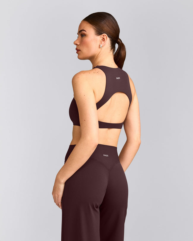 SoftMotion™ High Neck Sports Bra with Gray Logo | Plum Brown