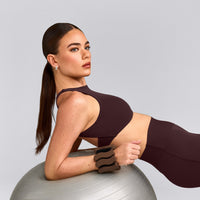 SoftMotion™ High Neck Sports Bra with Gray Logo | Plum Brown