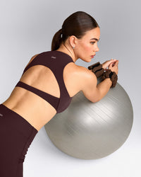 SoftMotion™ High Neck Sports Bra with Gray Logo | Plum Brown