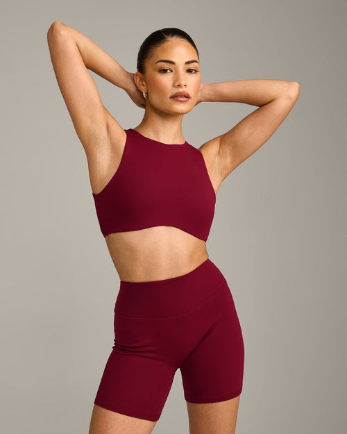 SoftMotion™ High Neck Sports Bra with Gray Logo | Ruby Red
