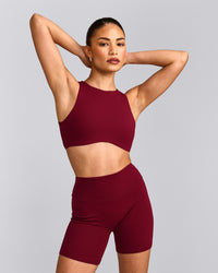 SoftMotion™ High Neck Sports Bra with Gray Logo | Ruby Red