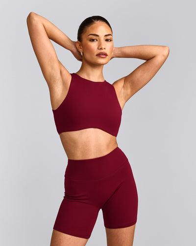 SoftMotion™ High Neck Sports Bra with Gray Logo | Ruby Red
