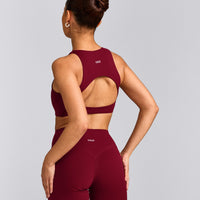 SoftMotion™ High Neck Sports Bra with Gray Logo | Ruby Red