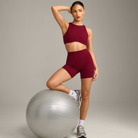 SoftMotion™ High Neck Sports Bra with Gray Logo | Ruby Red