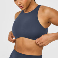 SoftMotion™ High Neck Sports Bra with White Logo | True Blue