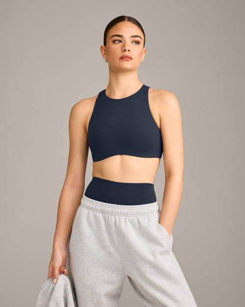 SoftMotion™ High Neck Sports Bra with Gray Logo | True Blue