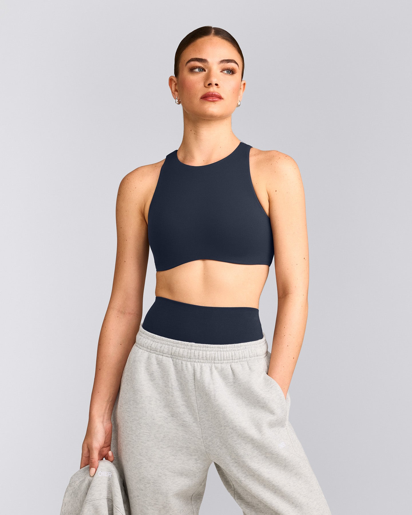 SoftMotion™ High Neck Sports Bra with Gray Logo | True Blue
