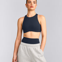 SoftMotion™ High Neck Sports Bra with Gray Logo | True Blue